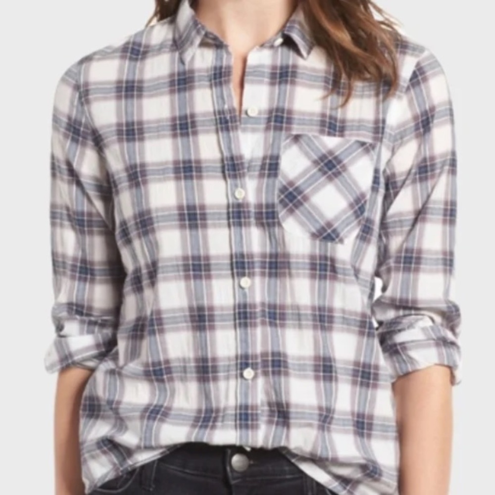 Current Elliot Plaid Button Down Blouse Size 0= US 2 Blue Fall Casual Cotton